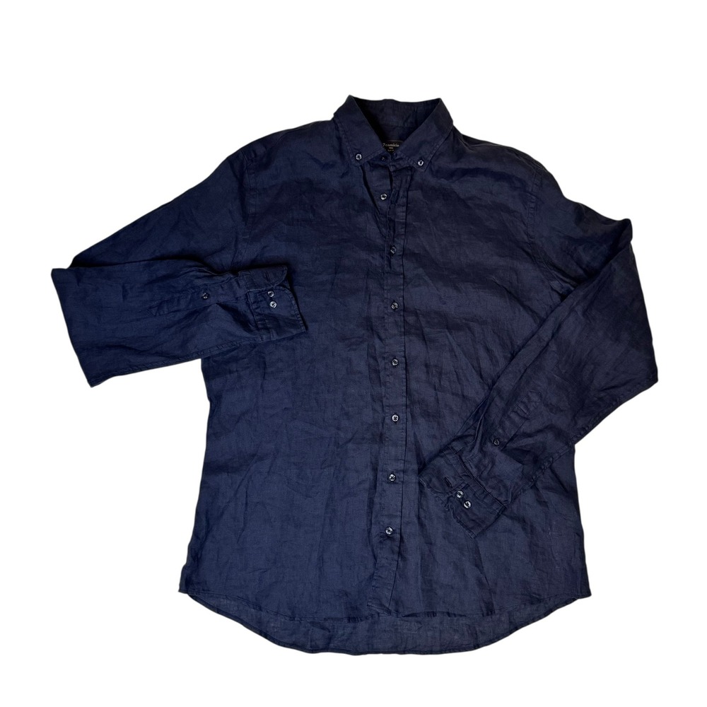 7 Camicie Men's Navy Blue Linen Button Down Shirt Slim Fit‎ Size 17/43 Large XL